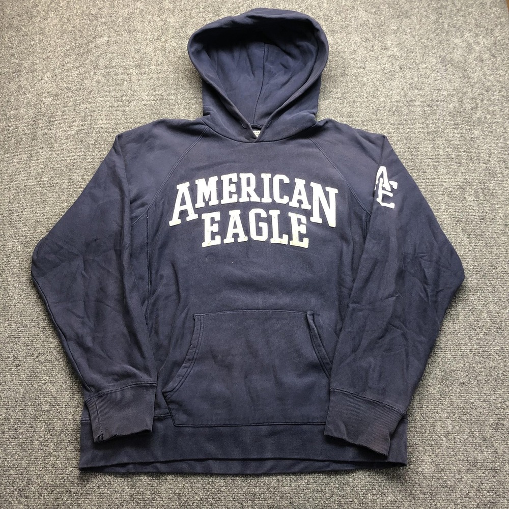 American Eagle Hoodie Mens Medium Blue Pullover Fleece Logo Graphic Sweatshirt